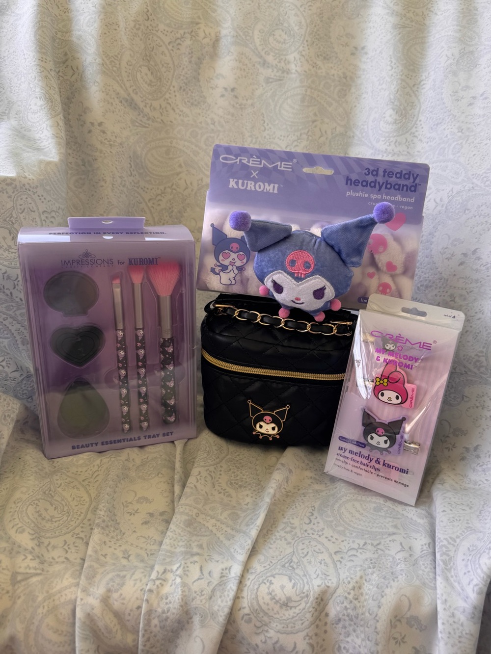 Kuromi Mini Train Case Shoulder/Makeup/Hand Bag- Brush Set, Spa Headband, Clips